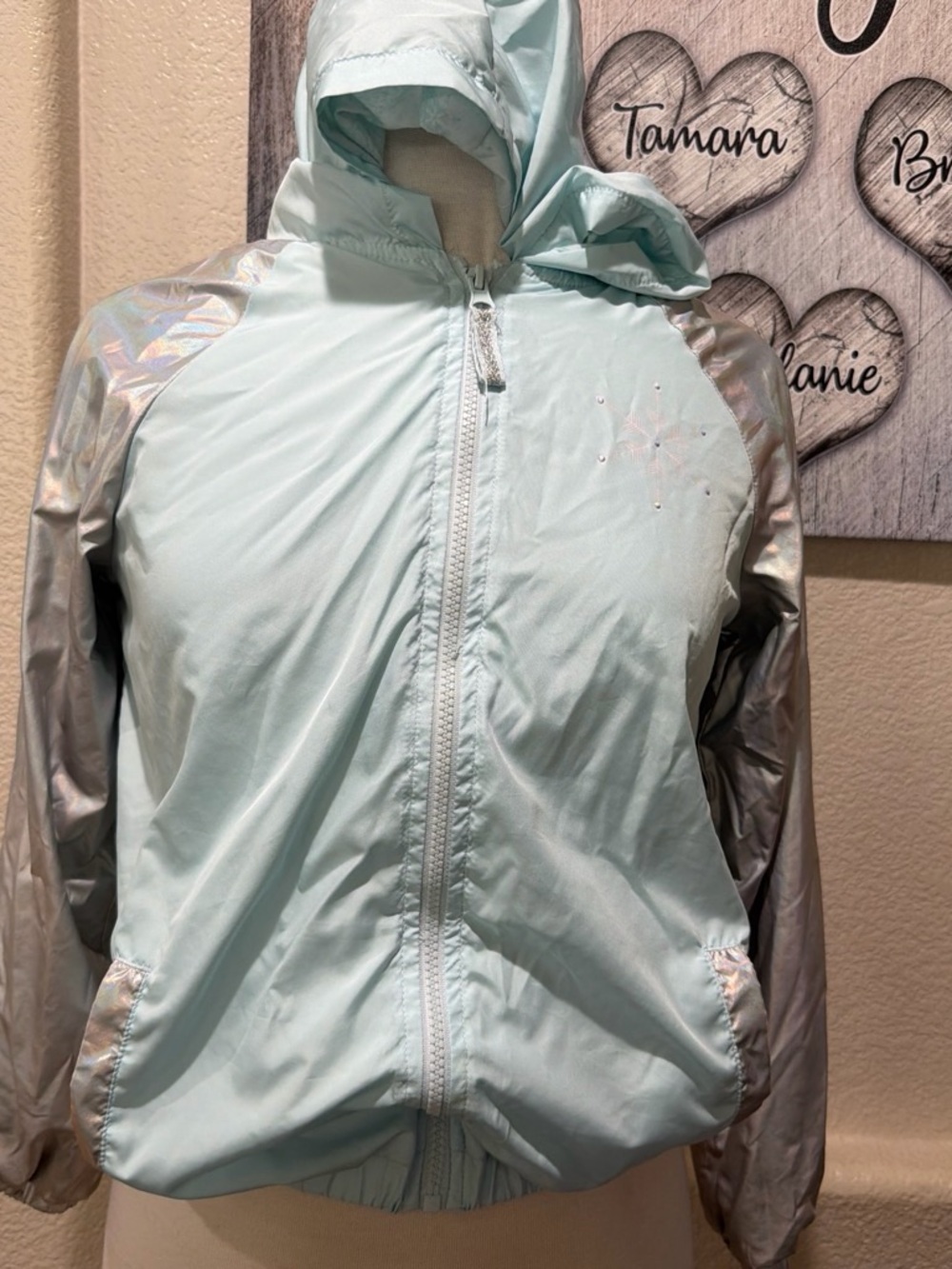 Disney Light Mint Hooded Raincoat with Silver Sleeves